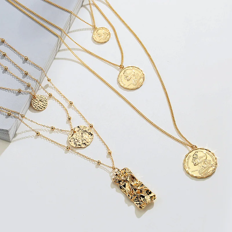 Винтаж Золотая монета с портретом геометрические формы кулон ожерелье для