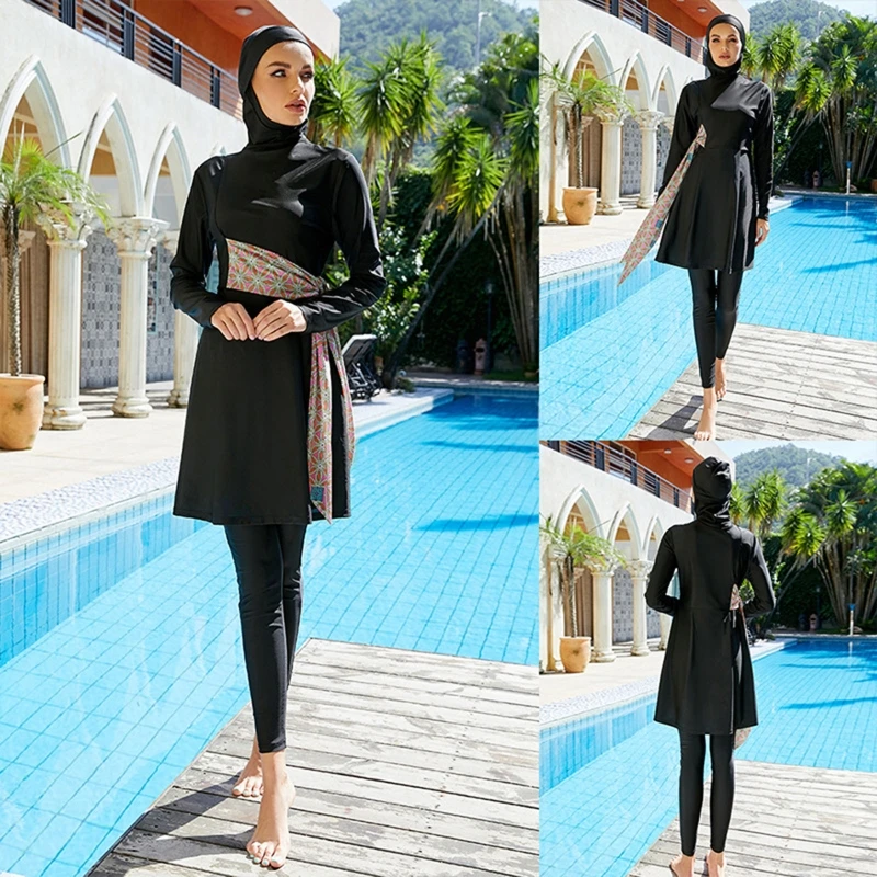 

F1FD Muslim Swimwear Swimsuit Islamic Long Sleeve Swimming Sets Three Piece Beachwear
