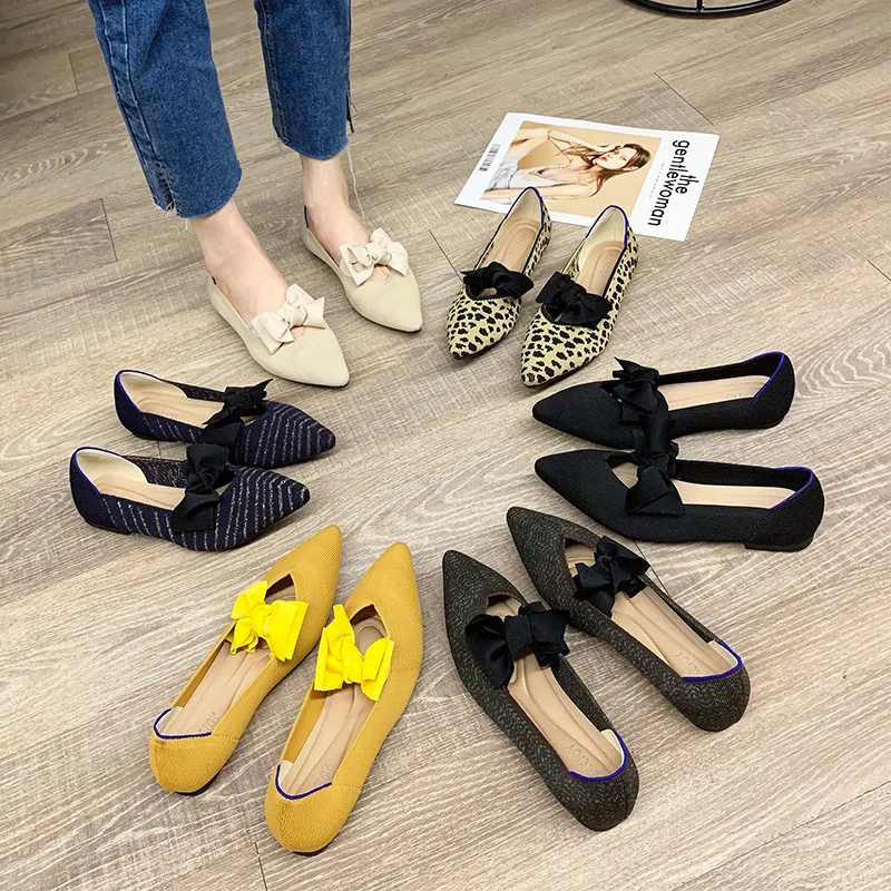 Casual Women's Flat Shoes Ballet Shoes Breathable Knit Pointed Shoes Moccasin Mixed Color Soft Pregnant Shoes Zapatos De Mujer