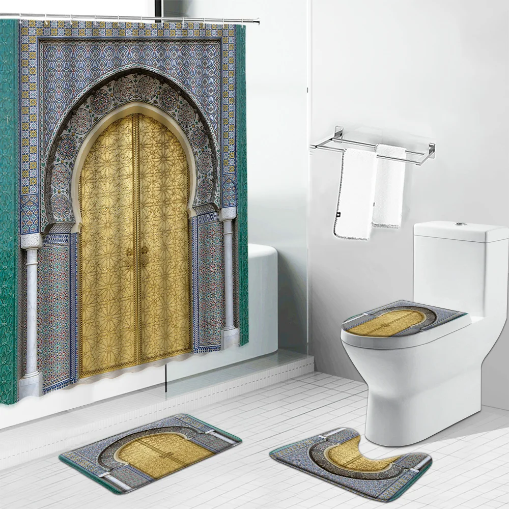 

Africa Moroccan Antique Doors Shower Curtains Set Old Vintage Wood Door Bathroom Decor Non-Slip Bath Mat Toilet Cover Carpet Rug