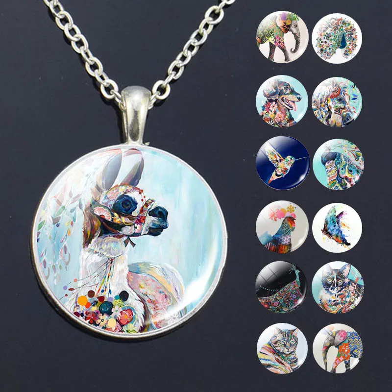 

Art Colorful Painted Peacock Necklace Glass Dome Cabochon Jewelry Paintings Cartoon Animal Handmade Peafowls Pendant Women Gift