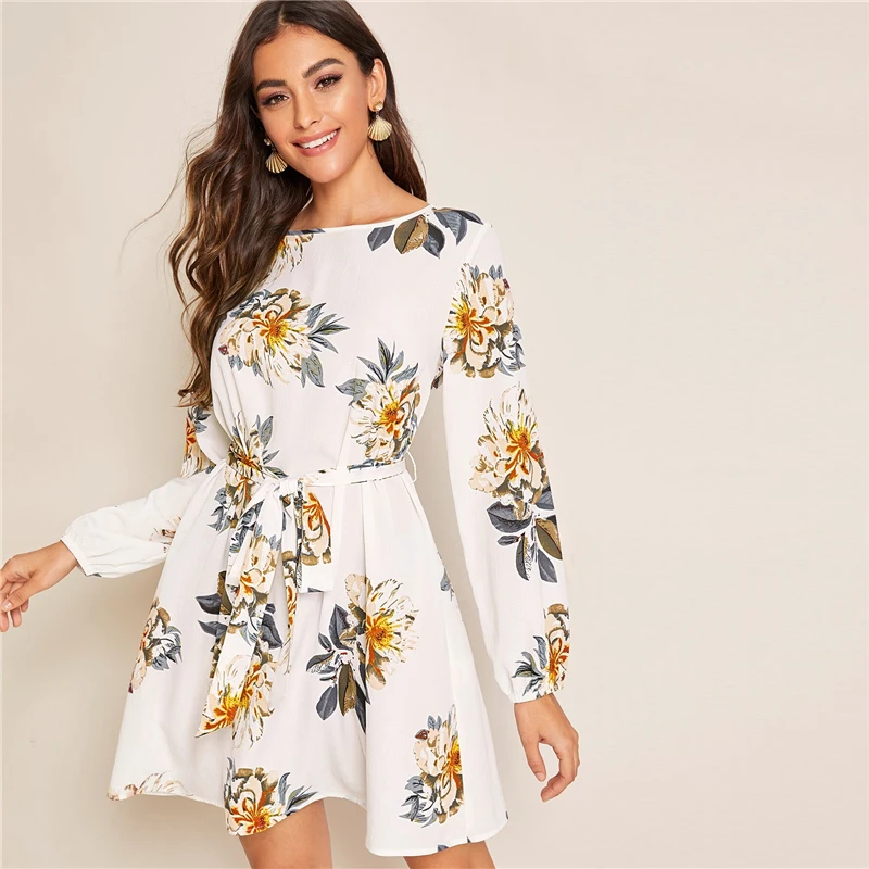 SHEIN белое платье с цветочным принтом и вырезом на спине, с поясом, женское осеннее однотонное платье с круглым вырезом и длинными рукавами, туника, короткие платья в стиле бохо