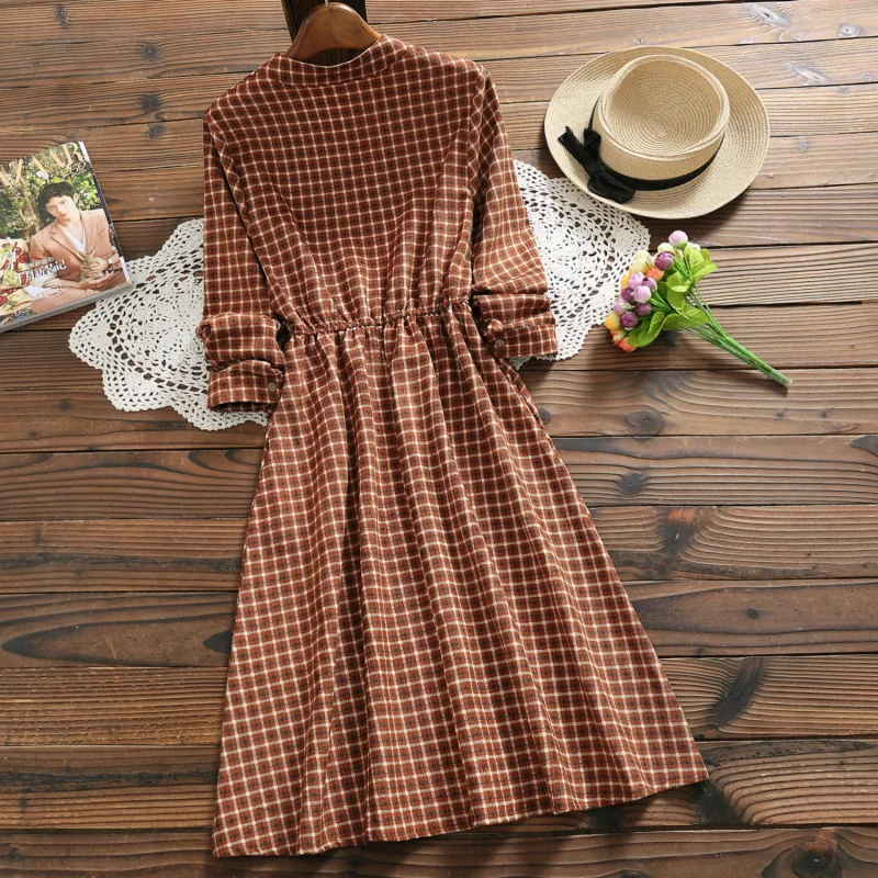 Платье женское вельветовое в клетку с воротником стойкой|Женские платья| |