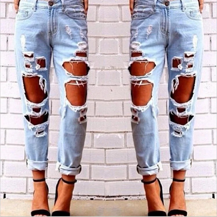 

Men's Women's Jeans European American Loose Plus Size Wild High Quality Cotton Sexy Exaggerated Big Hole Beggar Boyfriend Jeans