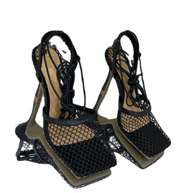 

2021 New Sexy Yellow Mesh Pumps Sandals Female Square Toe high heel Lace Up Cross-tied Stiletto hollow Dress shoes