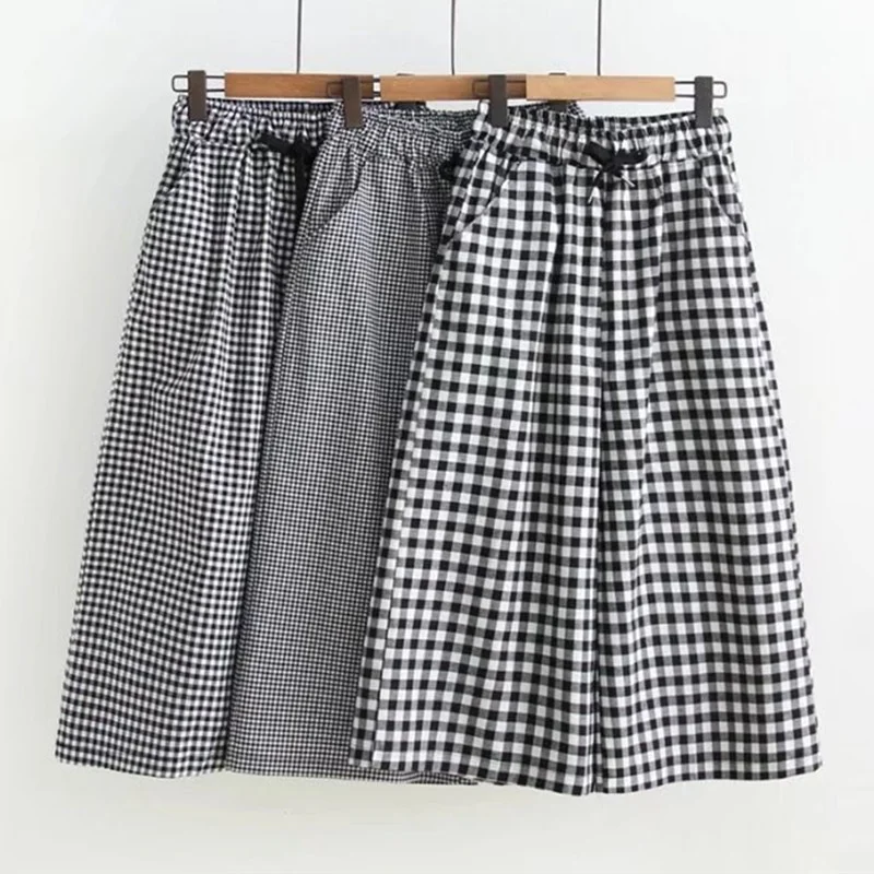

Women Summer Black And White Plaid Wide Leg Shorts High Waisted Cotton Shorts Womens Lace Up Loose Shorts Women