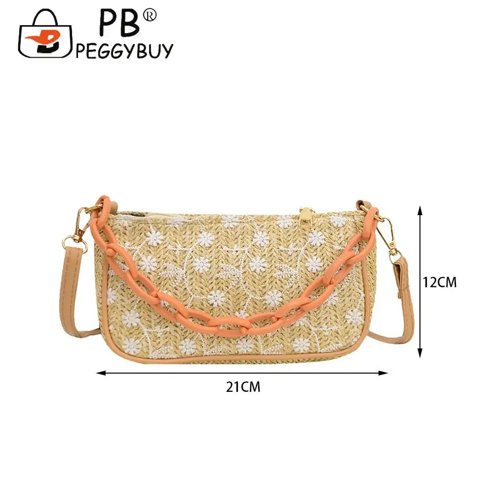 

Fashion Women PU Leather and Woven Shoulder Crossbody Bag Casual All-match Lace Flower Printing Thick Chain Zipper Handbags