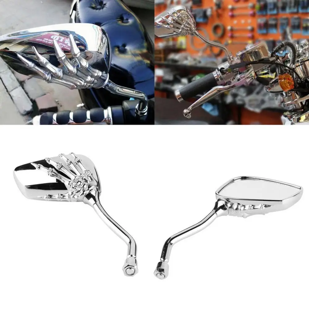 

1 Pair Left Right Universal Motorcycle Chrome Skull Hands Side Rear View Mirrors