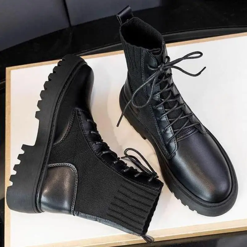 

New Women's Shoes Autumn and Winter Motorcycle Boots Women's Boots Fashion Round Pu Ankle Black Elastic Comfortable Boots