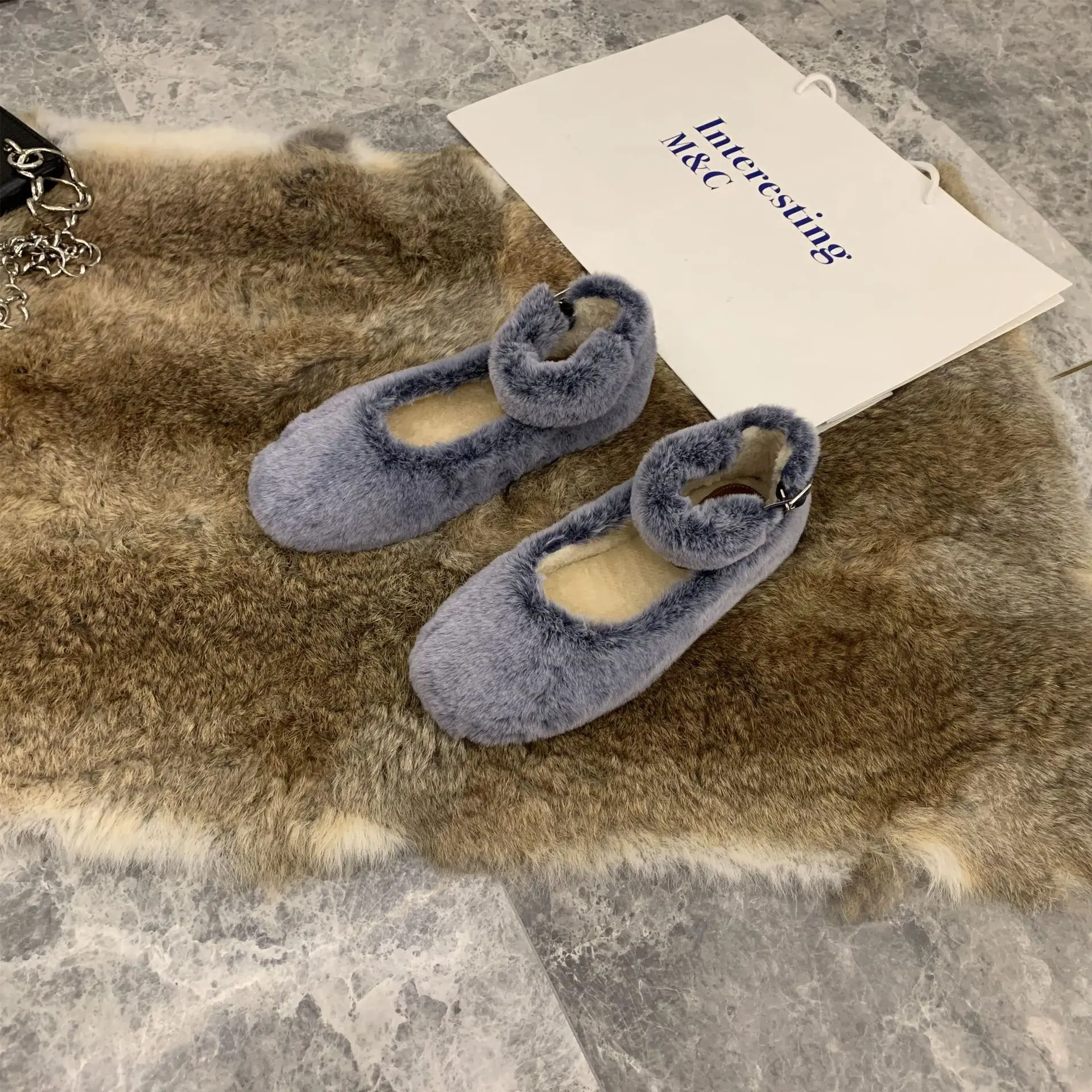 Женские Меховые Туфли Мэри Джейн на ремешке с пряжкой и круглым носком Зимние