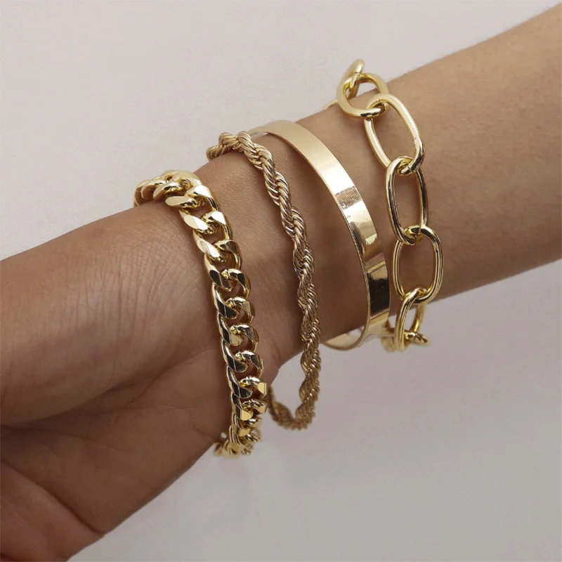 

4Pcs/Set Hip Hop Chunky Bracelets Bangles Punk Metal Twisted Rope Chain Bracelet Jewelry Gift for Women Punk Charms Bracelet