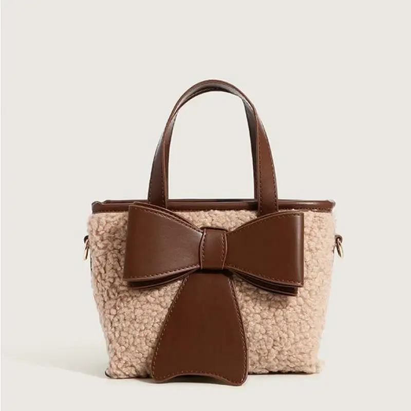Autumn And Winter New Women's Handbag Lamb Down Bow Decoration Pu Leather 2021 Brand Designer Japanese Cute Shopping Fashion Bag