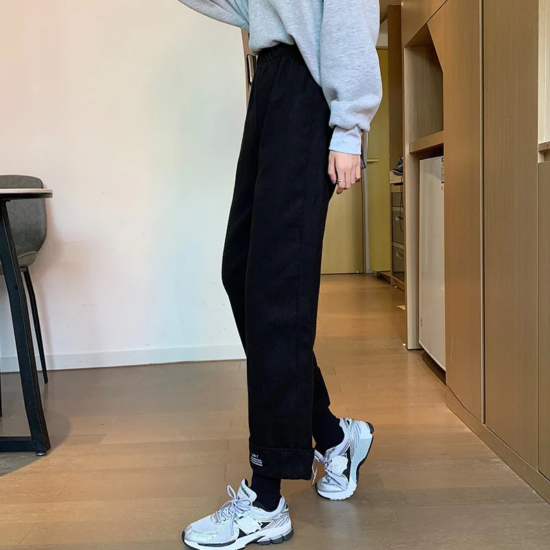 

NewWoolen Women Pants Autumn Fashion High Waist Black Korean Loose Cross Ankle-Length Pants Casual Pocket Female Trousers
