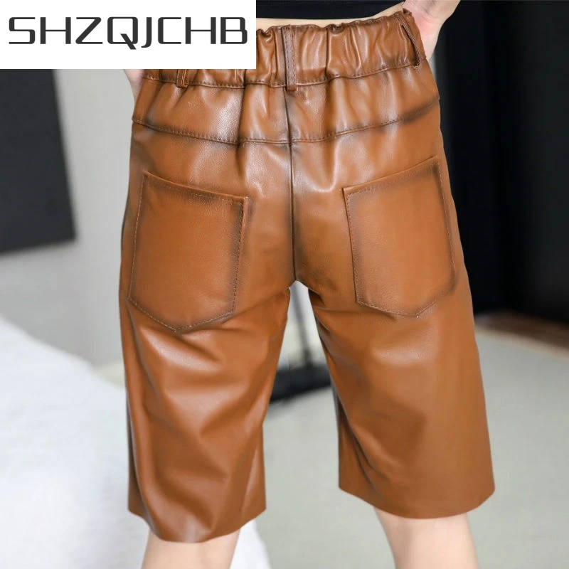 JCHB 2021 Women Loose Genuine Leather Knee Length Shorts Autumn Winter New Sheepskin Bloomers Harem Shorts Street Casual Black S
