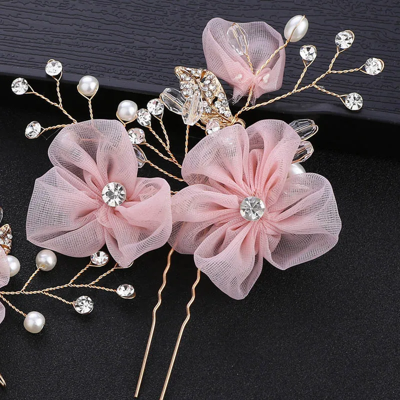 High Fashion Pink Yarn Flower Crystal Simulated Pearls Hair Combs Hairpins Clips Bride Noiva Bridal Wedding Party Jewelry Sets | Украшения