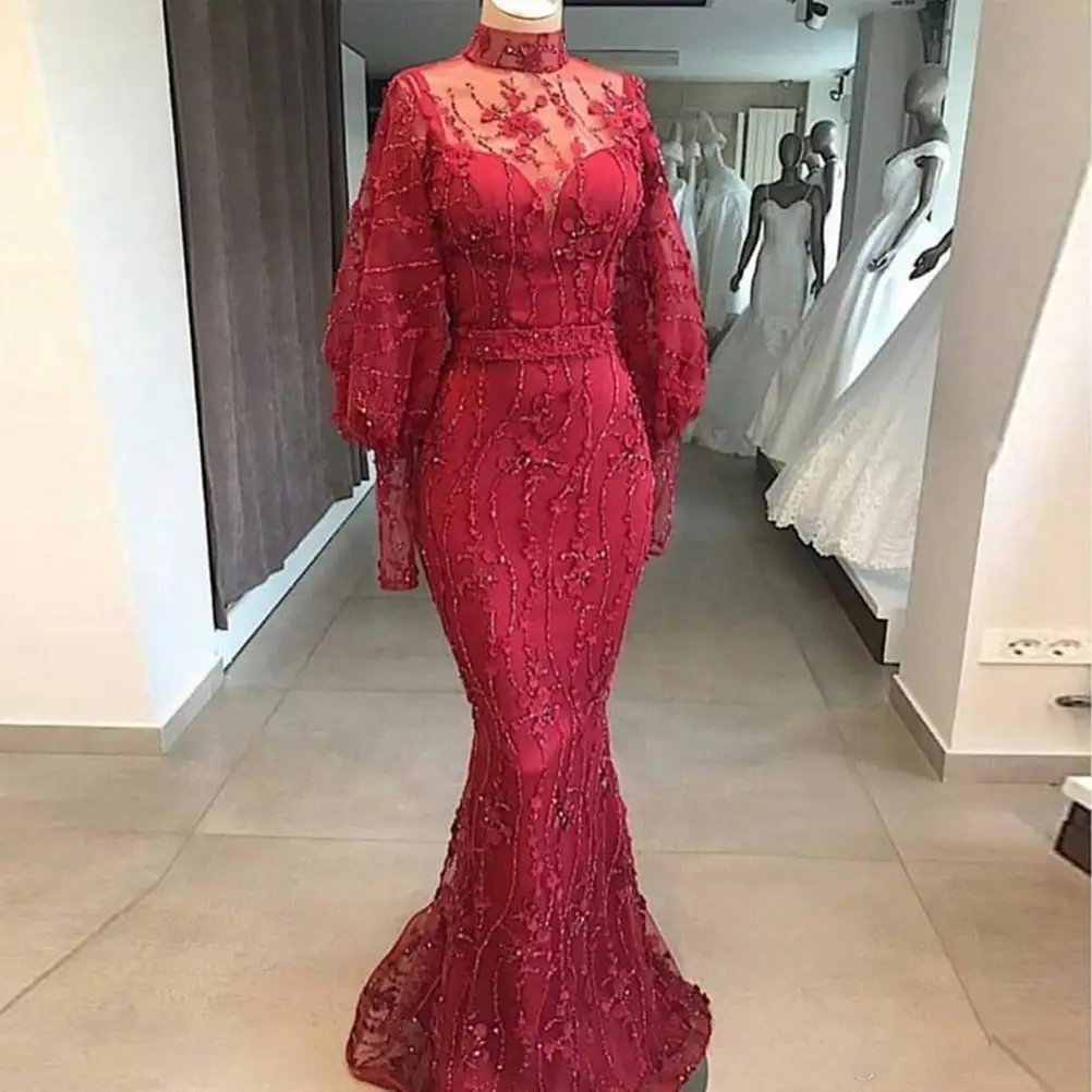 

2021 Elegant Arabic Evening Dresses Luxury Beaded Lace High Neck Long Sleeves Floor Length Prom Dress Formal Party Gowns Robe de
