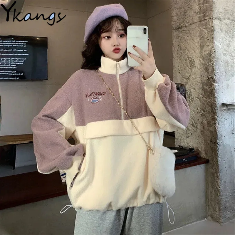 

Patchwork Lamb Wool Stand Collar Chic Pullover Women Streetwear Korean Winter Plus Velvet Sweatshirt Loose Elegant Warm Outwear