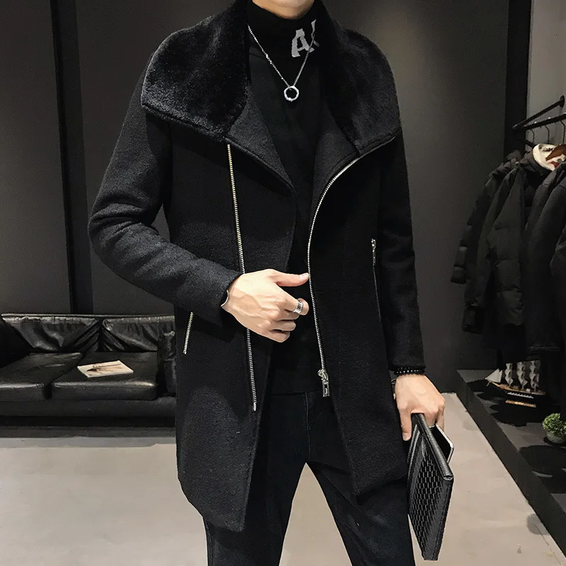 Мужское пальто с большим меховым воротником Мужская ветровка зимнее шерстяное