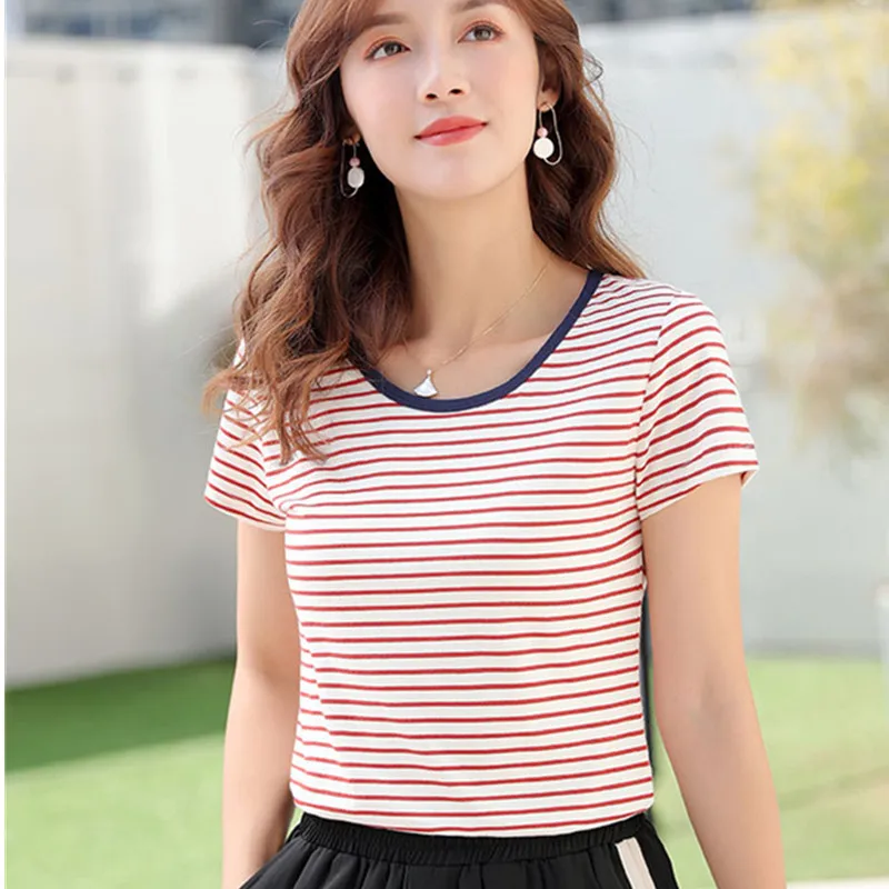 

2020 summer new Korean version of thin striped women's tops round neck short-sleeved T-shirt women 31008