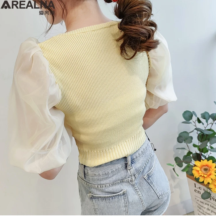 

Thin Knitted Chiffon Patchwork T Shirt Women Clothes 2021 Summer u-neck woman tshirts crop top puff sleeve sexy t-shirt femme