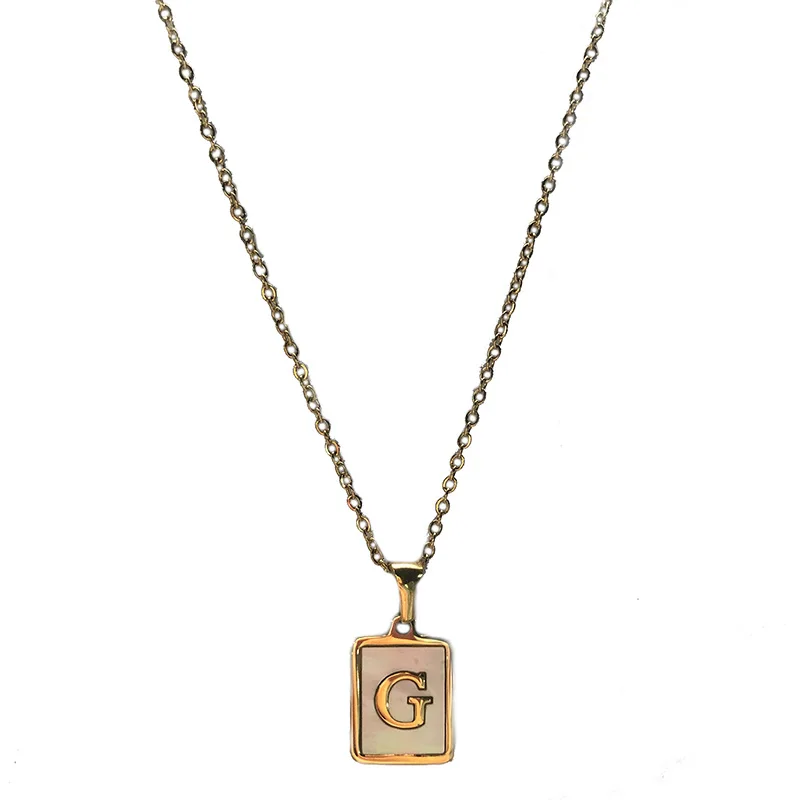 

Trendy Square Natural Shell Initial Letters CD Pendant Titanium Steel Jewelry for Women 18K Gold Plated Chain Necklaces Male