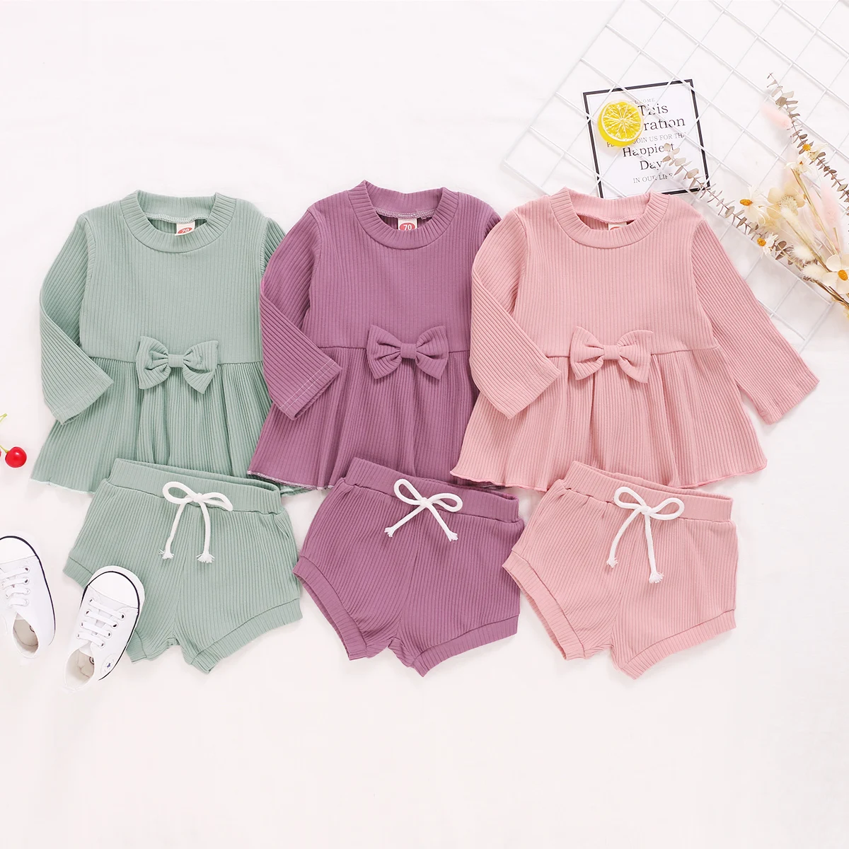 

Infant Newborn Baby Girls Spring Autumn Outfits Ribbed Solid 2Pcs Set Clothes Bowknot Shirt Dress Tops PP Shorts Cotton Fashion