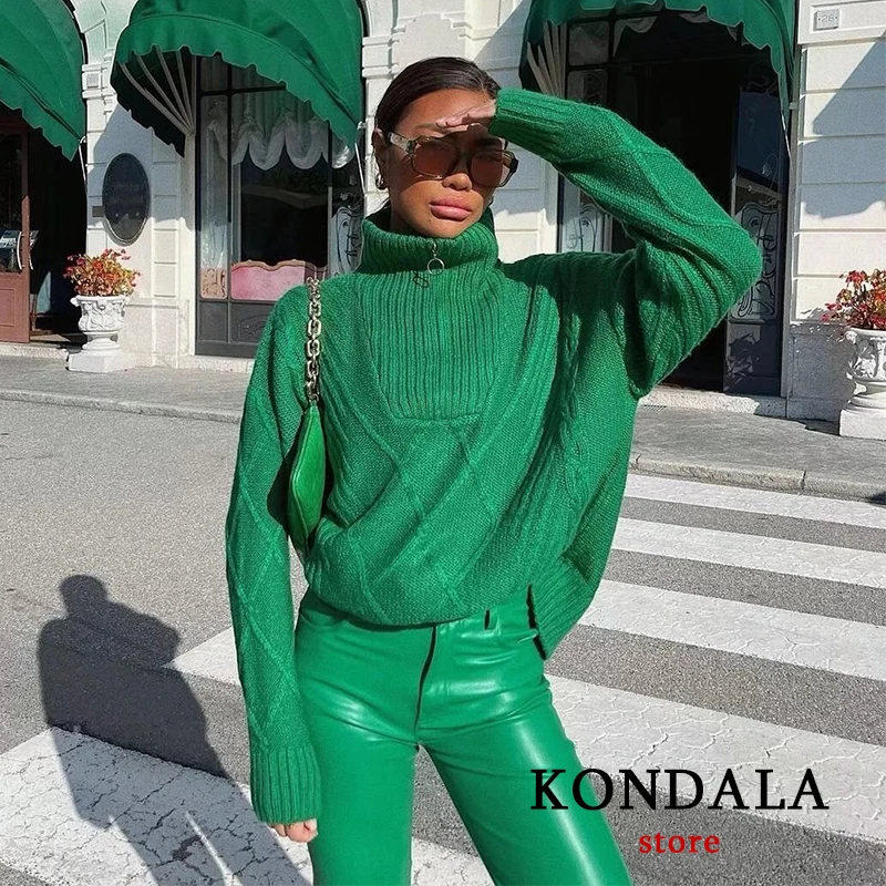 

KONDALA Za 2021 Vintage Green Argyle Plaid Knitted Sweaters Women Long Sleeve Zipper Turtleneck Pullovers Female Elegant Tops