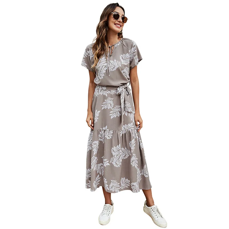 

2021 Summer Fashion Boho Short Sleeve Flower Print Women's Maxi Dress New Casual High Waist Empire O Neck Loose Ladies Dresses
