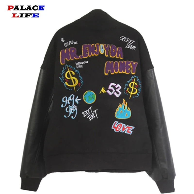 

Letter Graffiti Embroidered Baseball Jackets Mens Patch Flocking Leather Bomber Jackets Couples 2021 Oversized Streetwear Coats
