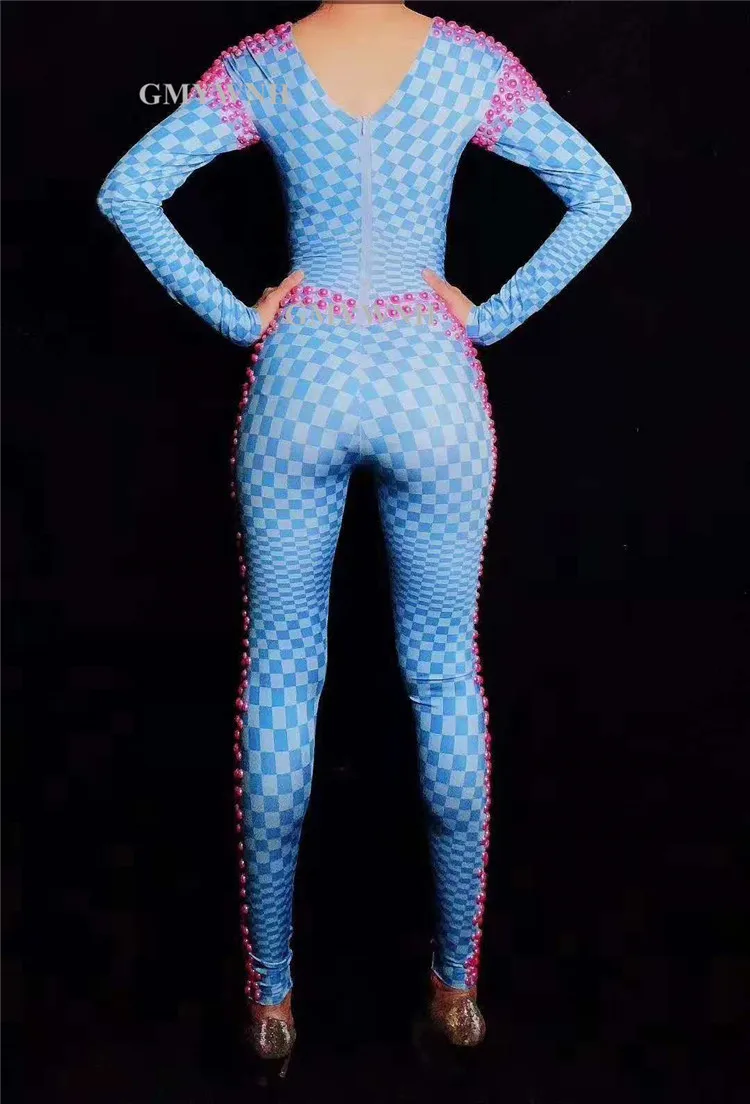 W60 сексуальный женский танцевальный сценический костюм синий комбинезон с