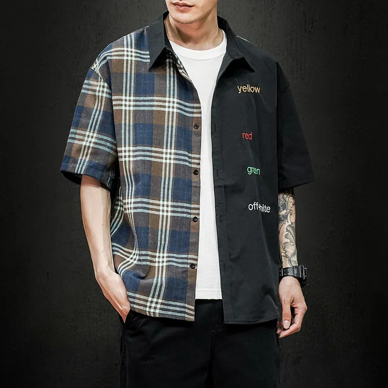 

2020 New Short-sleeved Shirt Men's Shirt Japanese Trend Stitching Loose Casual Large Size Check Short-sleeved Shirt