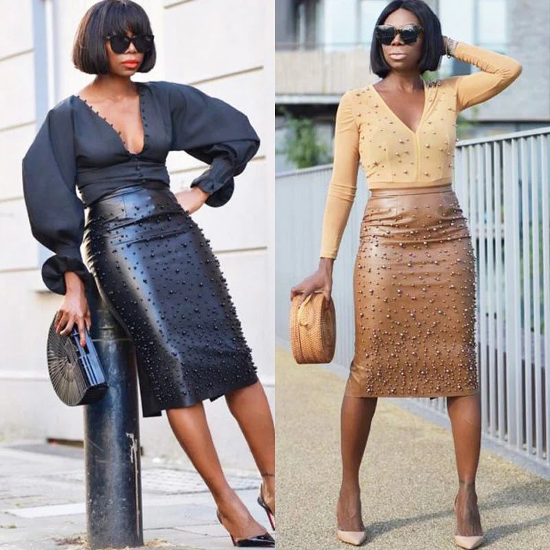 Осенние новые женские юбки из искусственной кожи модные однотонные с бусинами и