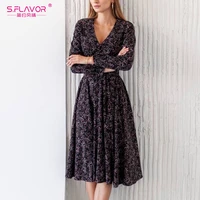 s flavor autumn ladies v neck long sleeve dress women casual button floral print holiday party chic vestides slim mid dresses