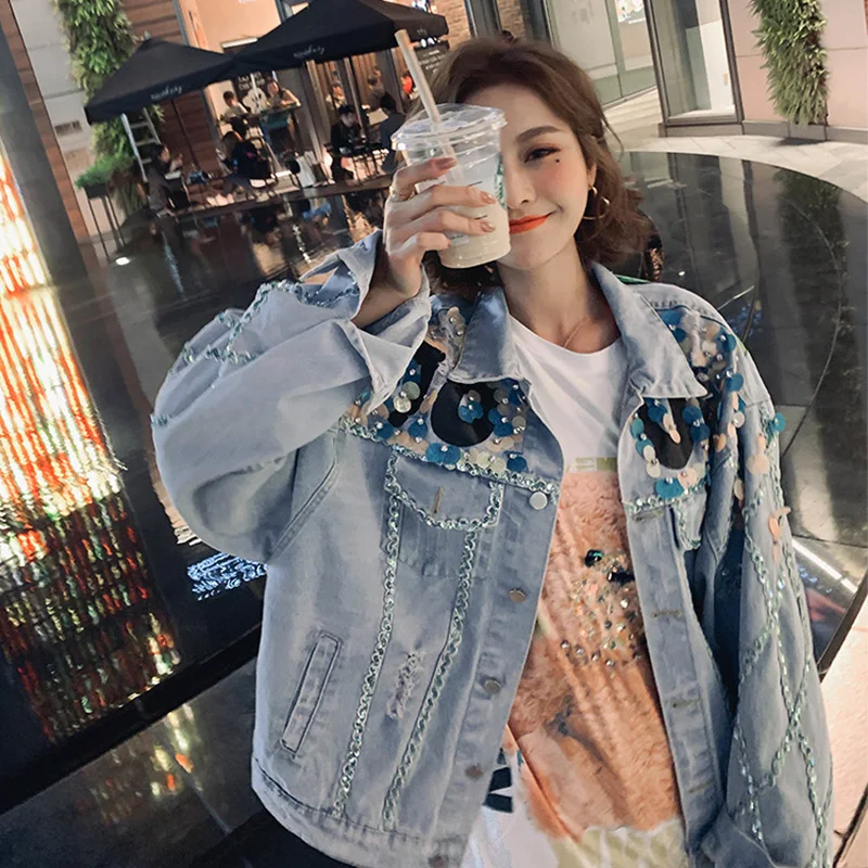Женская джинсовая куртка Короткая свободная с блестками весна-осень 2021 | одежда