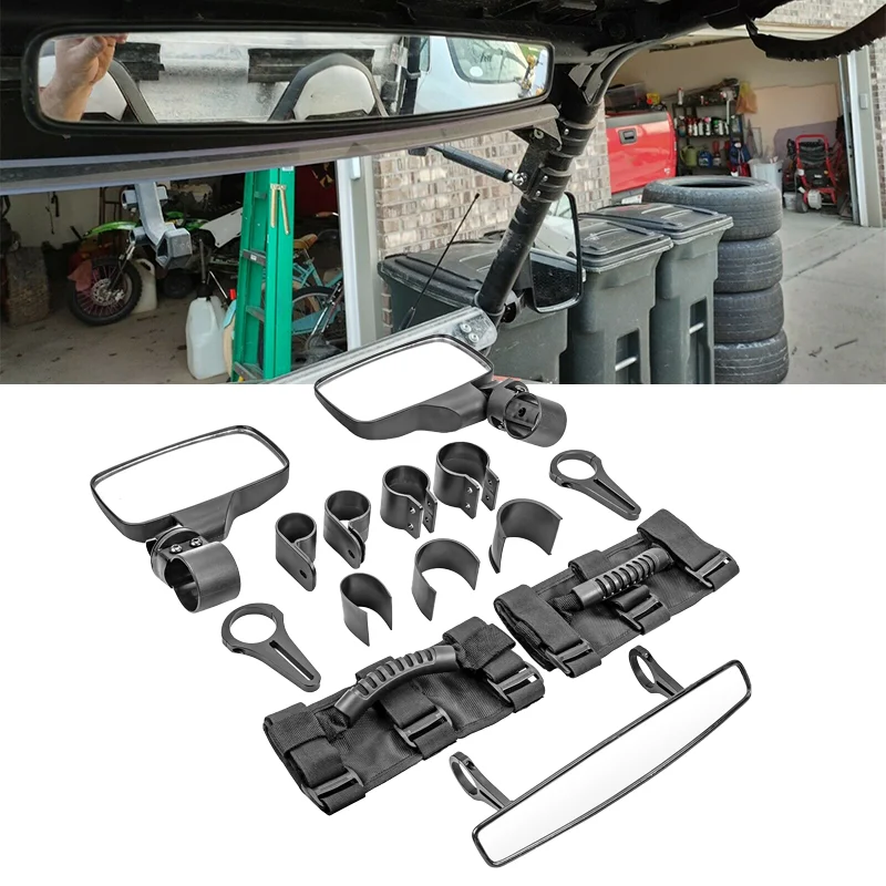 For Polaris RZR Yamaha Raptor 700 Maverick x3 Can Am Outlander UTV Roll Cage Bar Rear Side Wide Angle View HD Mirror Kit & Grip