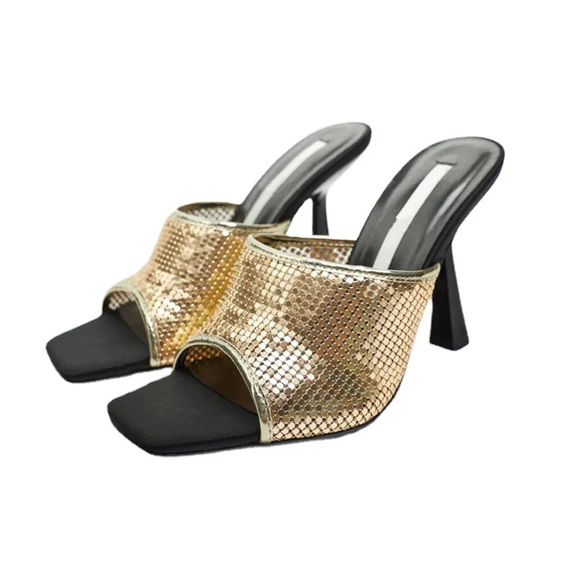 

TRAF Za 2021 Heeled Sandals Women Fashion Bling Open Squared Toe Shoes Women's Sandals High Heel Vintage Shoes Casual Slippers