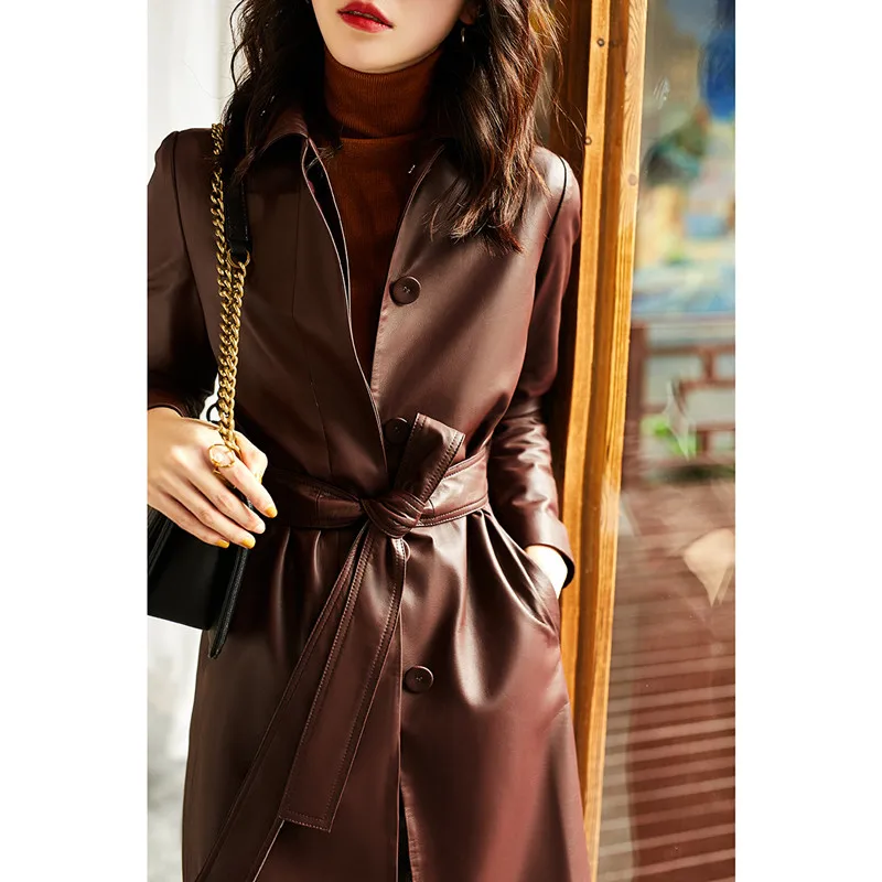Leather Trench Lace-Up Coat Tops Women's Spring Autumn Fashion Sheepskin Coat Large Size Long Genuine Leather Trench