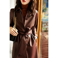 leather trench lace up coat tops womens spring autumn fashion sheepskin coat plus size long genuine leather trench