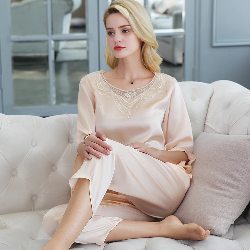 Mulbery silk Pajama sets women half sleeve 2pcs suit sleepwear Real Silk female solid home wear lace decoration round-neckline