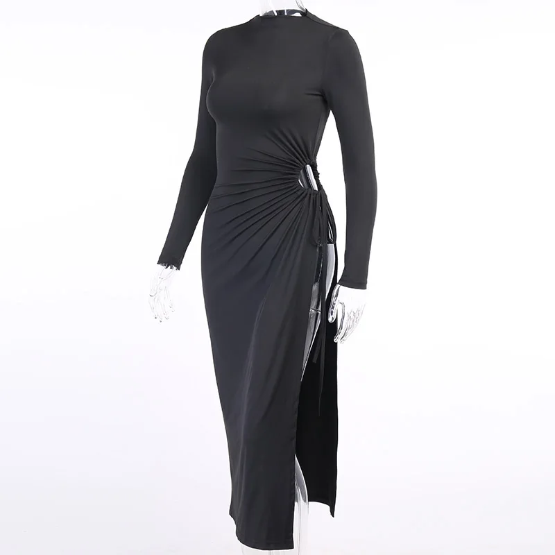

Autumn Women Sexy Elegant Dress Long Sleeve Turtleneck High Split Maxi Dress Solid Hollow Bandage Bodycon Club Sexy Dresses