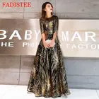 Женское вечернее платье с золотыми блестками, черное платье до пола с круглым вырезом и кристаллами, праздничное платье, 2021