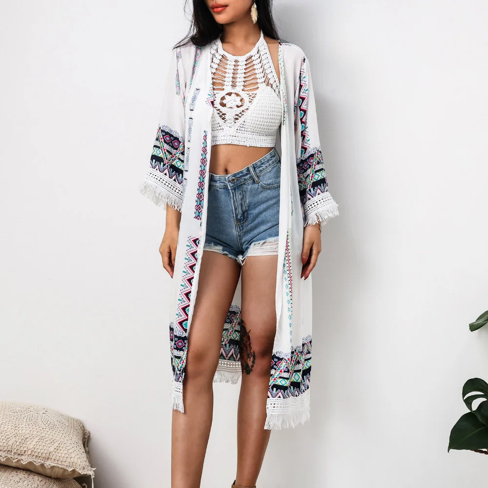 Женское длинное кимоно с кружевом Свободный кардиган контрастных цветов