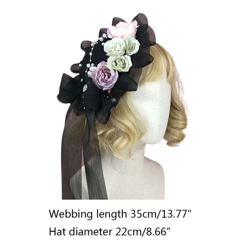 

Lolita Flower Mesh Flat Top Hat Ruffled Lace Ribbon Bow Fascinators Hair Clips