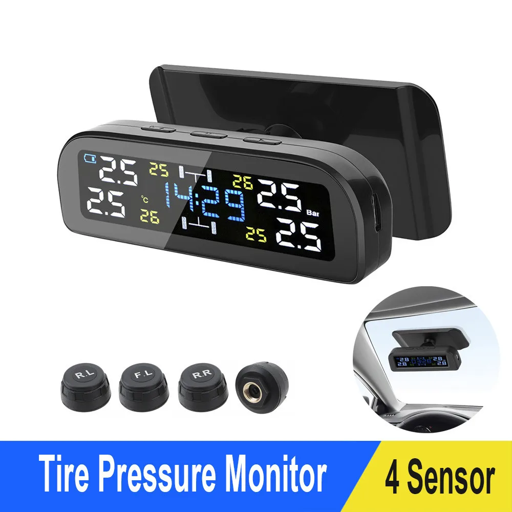 Беспроводная система контроля давления в шинах TPMS цифровые часы на солнечной