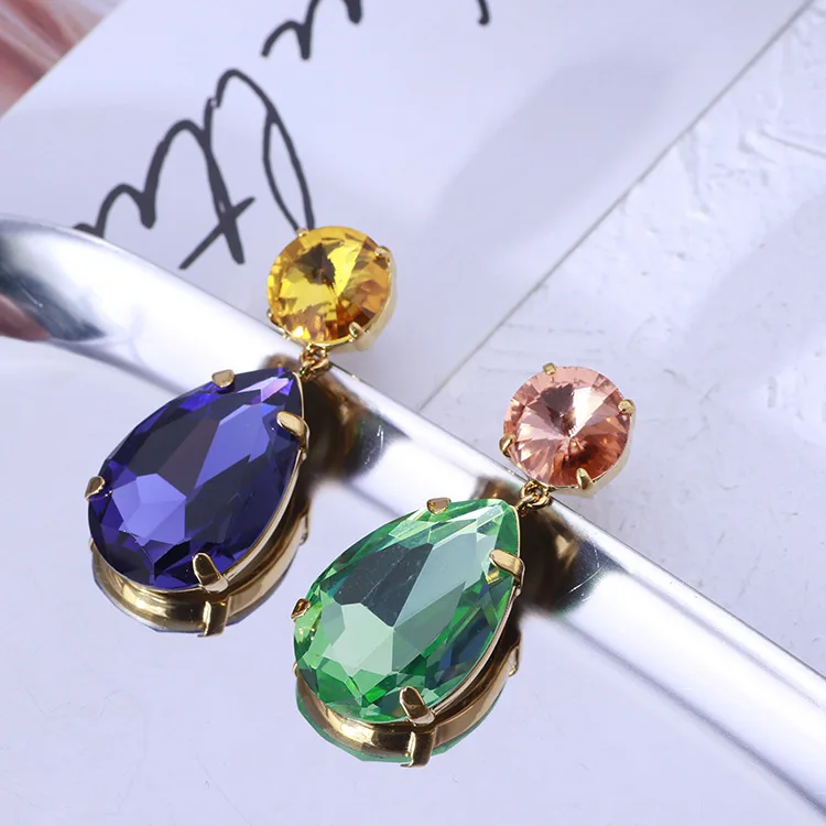 

European and American Fashion Drop-Shaped Colorful Crystal Asymmetric Ear Clip Earrings for Girls