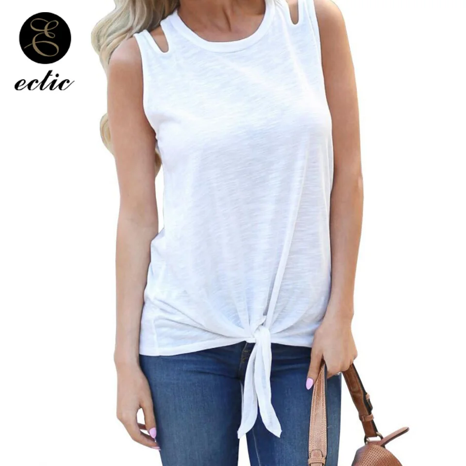 Простой Хлопковое Майка Перед Узел Полый Выдолбить Распарывать Сексуальное