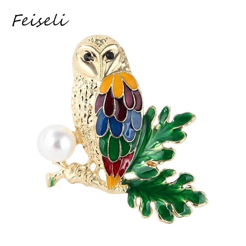 Feiseli искусственная жемчужина цветная сова птица брошь для женщин свитер одежда