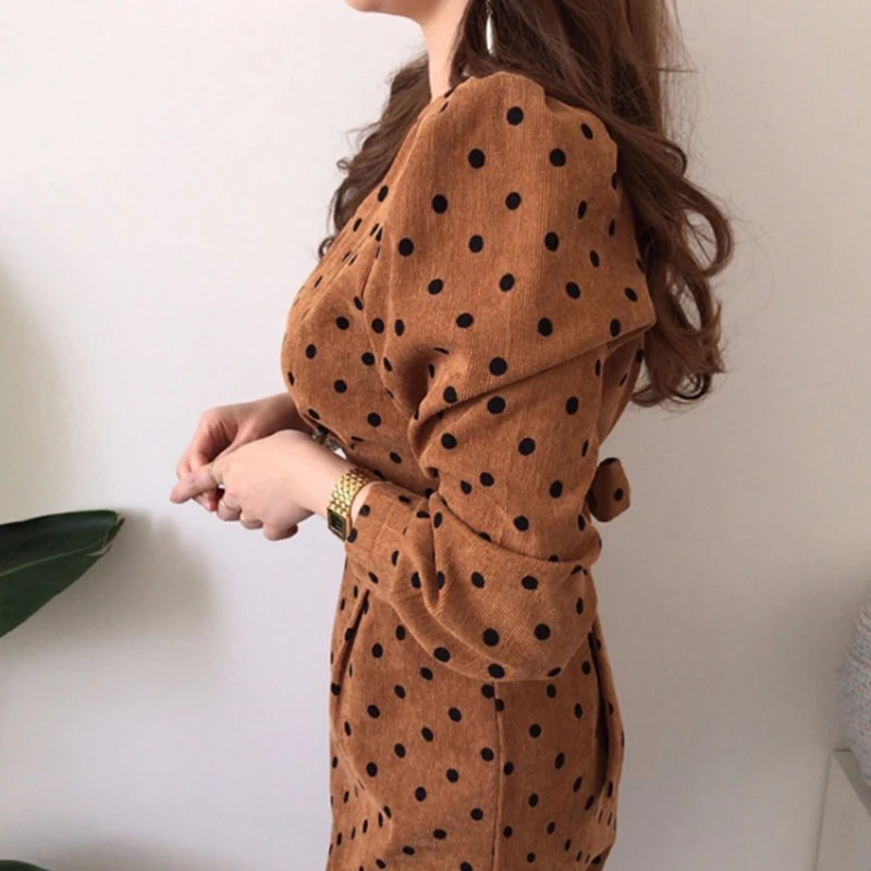 

French Style Spring Autumn Women Casual Polka Dot Print A-Line Party Corduroy Dresses Eleagnt Lace-Up Slim Fashion
