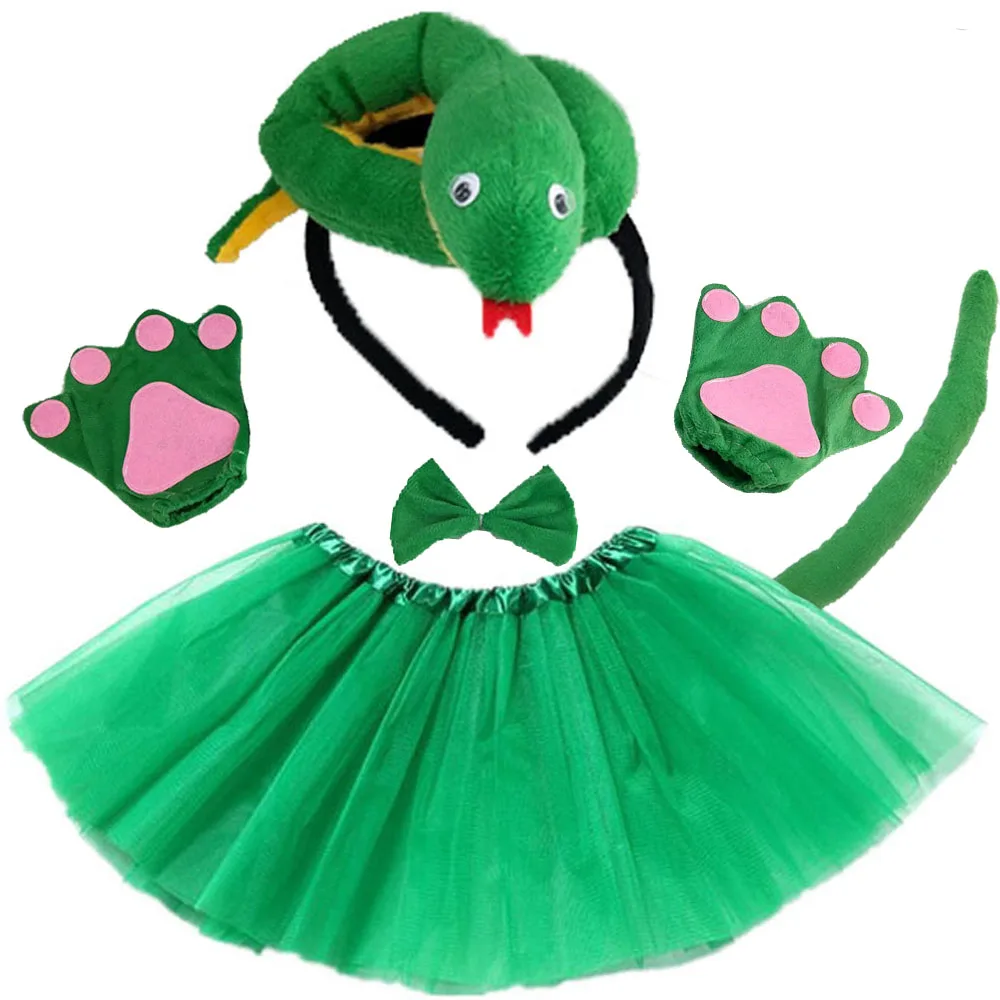 

Women Teens Kids Green Snake Costume Set Tutu Skirt Ears Bow Tie Tail Headband Props Cosplay Halloween Christmas