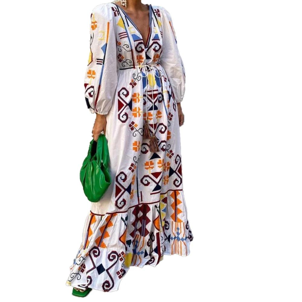 

Women's Dress 2021 Summer New Bohemia Vacation Lantern Sleeve V-neck Printing High Waist Loose Casual Europe America